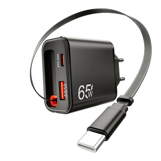 FlexCharge - Szybka ładowarka 65W z wbudowanym, zwijanym kablem USB-C.
